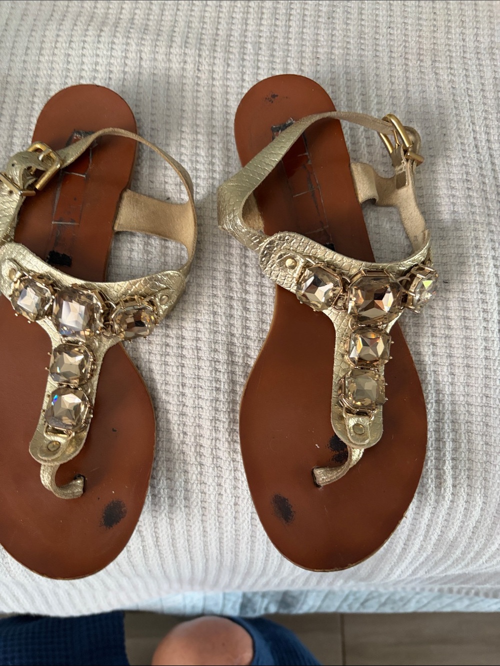 Steve Madden Leather Gold Jeweled T-Strap Sandals